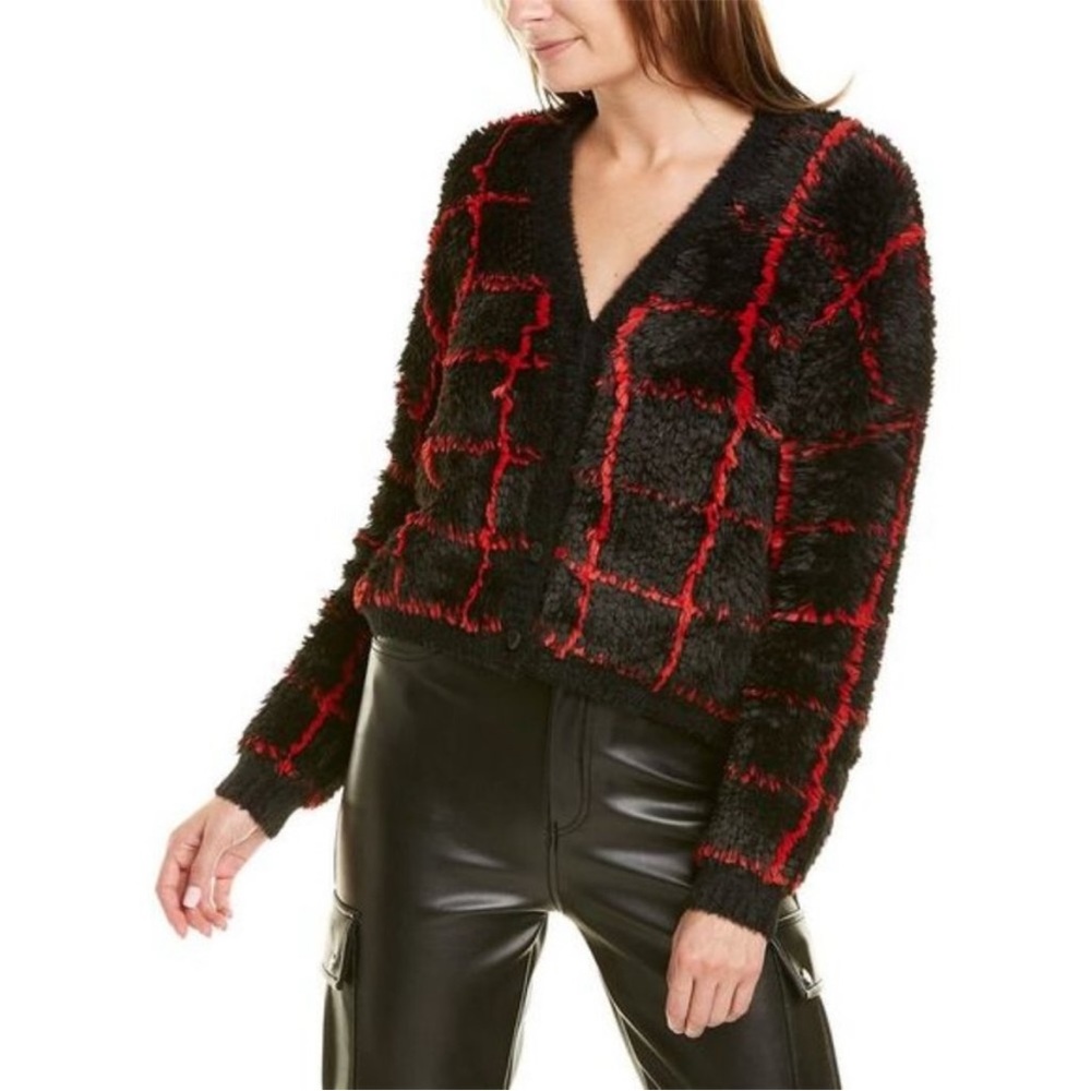 RTA Plaid Ella Cardigan Oversized Front Pockets Fuzzy Heavy Knit Button Down L